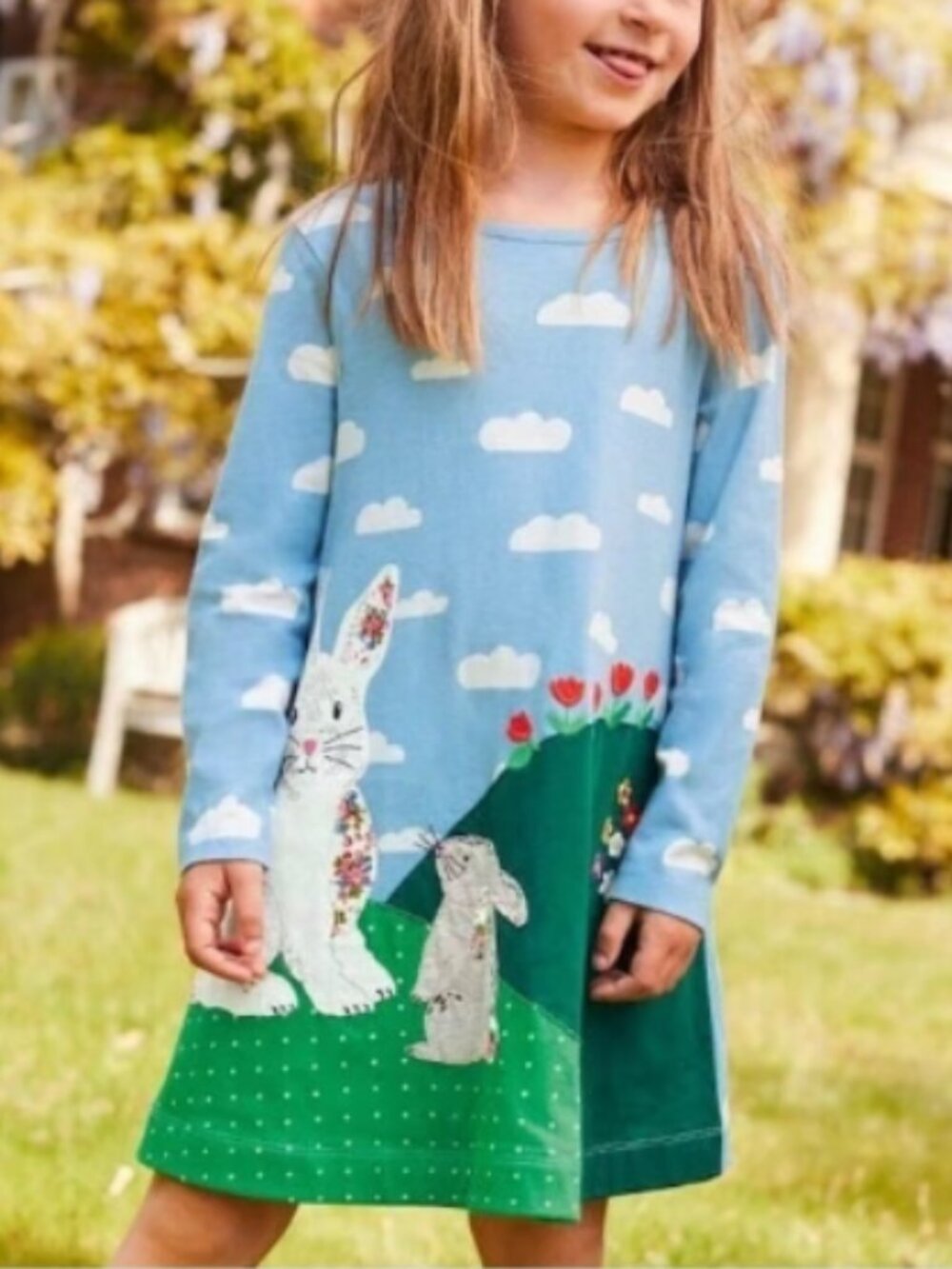 Mini Boden Girl's Blue Cloud Bunny Rabbit Applique Dress Long Sleeve Size 11-12Y